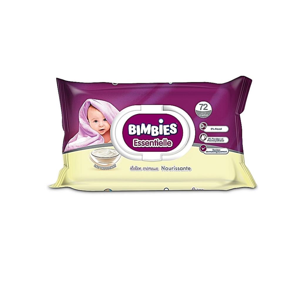 Lingettes Bimbies essentielle -lotion crémeuse nourrissante – 72pcs